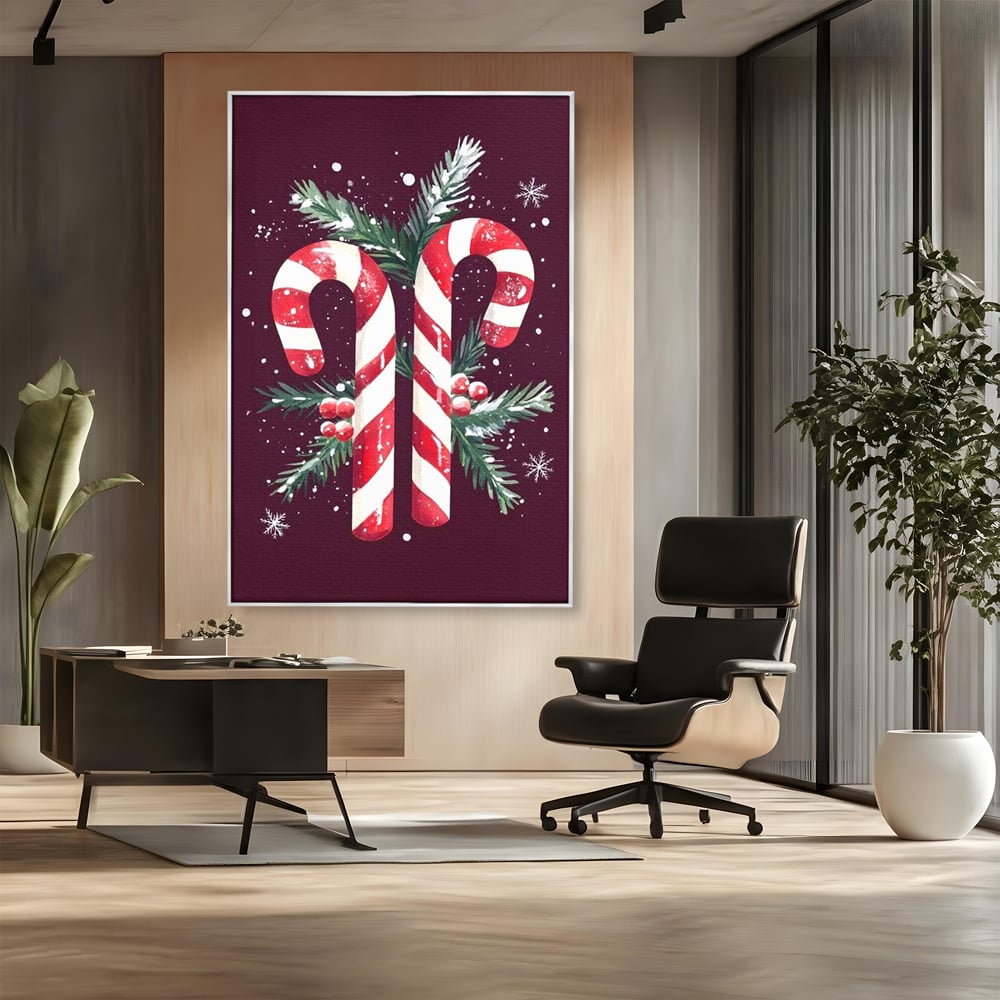 Tablou canvas cu tablou canvas cu bastonase de zahar, in rama de aluminiu argintiu, pe perete intr-un birou